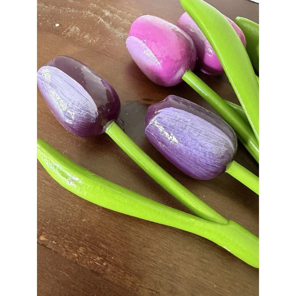 Set 8 Tall Wooden Tulips 11-13'' Wood Tulip Flowers Holland Bright Handmade READ